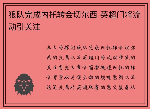 狼队完成内托转会切尔西 英超门将流动引关注